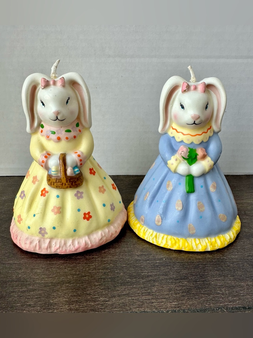 Vintage Easter Bunny Wax Candles Set of 2 Pastel Dress Unburned Retro Kitsch